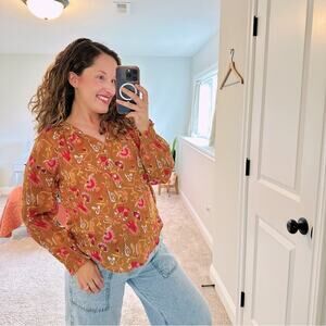 Xirena Orange Pink Floral Cotton Long Sleeve Blouse Top Small